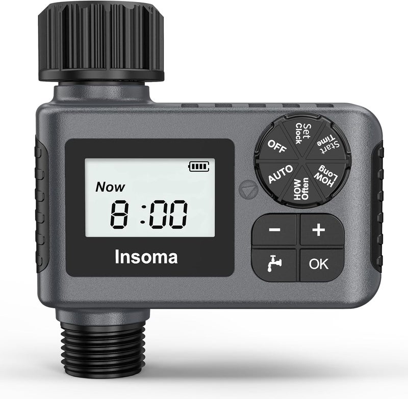 Insoma مؤقت صنبور خرطوم الحديقة الخارجي من ، مؤقت رشاش ماء قابل للبرمجة مع تأخير المطر / يدوي / تلقائي للري بالتنقيط ونظام ري العشب للفناء، منفذ واحد - Image 1