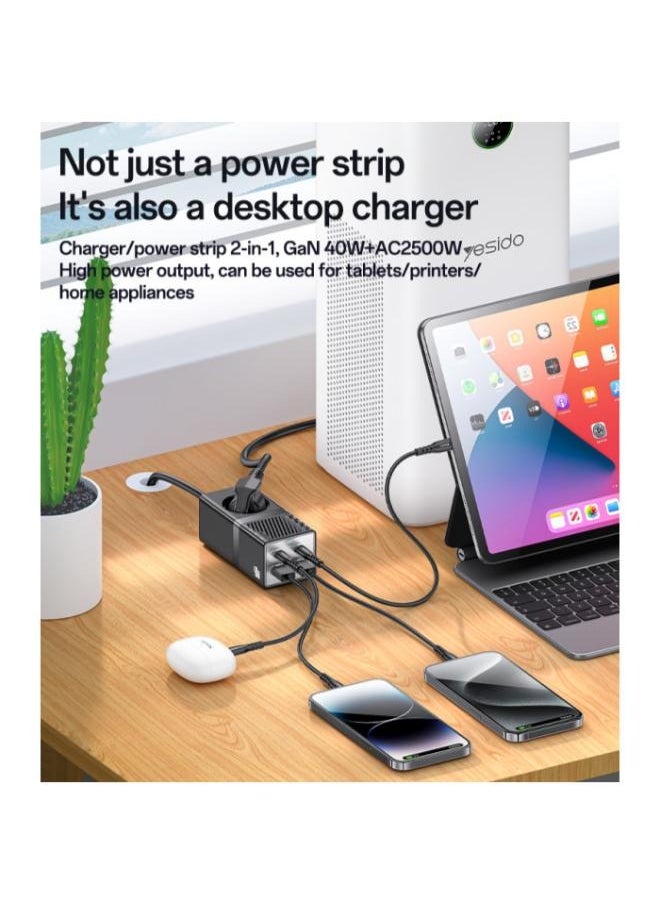 MC35 AC&2*TC&2*USB 5 In 1 European Standard Fireproof PC 40W&2500W GaN Fast Charging Power Socket