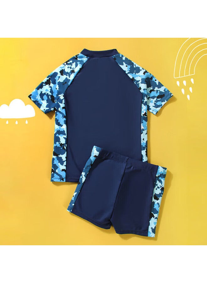 Yizi Children's Swimwear, Boys' Two-piece Swimsuit, Hot Spring Swimming Set, Ezi22b008, Navy Blue Printed, 150cm - Image 1