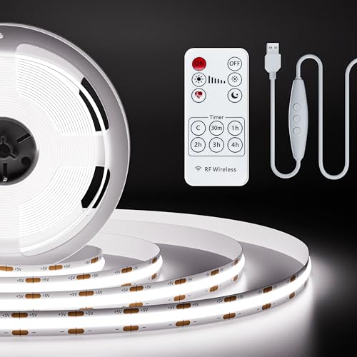 PAUTIX 5V USB COB LED Strip Light 6.56ft/2m 1200lm, Dimmable 640LEDs 6000K Daylight White CRI90+ with RF Remote TV Backlight,Flexible Under Cabinet Tape Light for Bedroom,Kitchen,Home DIY Lighting - Image 1