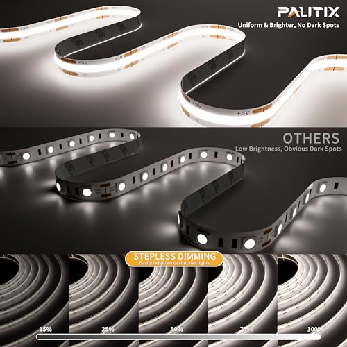 PAUTIX 5V USB COB LED Strip Light 6.56ft/2m 1200lm, Dimmable 640LEDs 6000K Daylight White CRI90+ with RF Remote TV Backlight,Flexible Under Cabinet Tape Light for Bedroom,Kitchen,Home DIY Lighting - Image 2