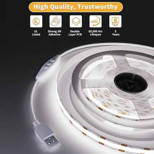 PAUTIX 5V USB COB LED Strip Light 6.56ft/2m 1200lm, Dimmable 640LEDs 6000K Daylight White CRI90+ with RF Remote TV Backlight,Flexible Under Cabinet Tape Light for Bedroom,Kitchen,Home DIY Lighting - Image 5