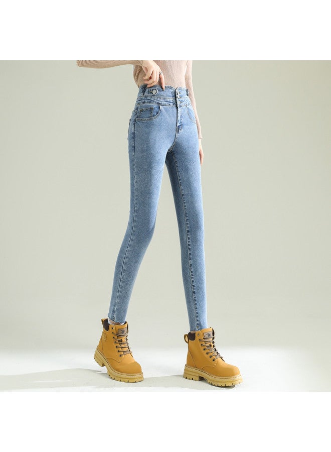 Tucano Winter Fleece Stretchy Fashion Versatile Pencil Pants Slimming Slim Fit Jeans Women - Image 3