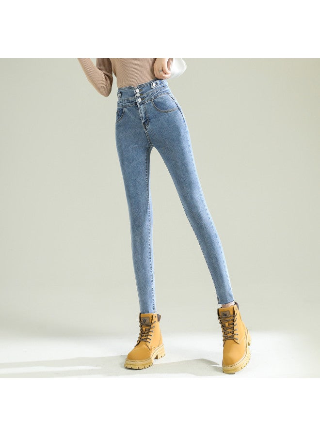 Tucano Winter Fleece Stretchy Fashion Versatile Pencil Pants Slimming Slim Fit Jeans Women - Image 4