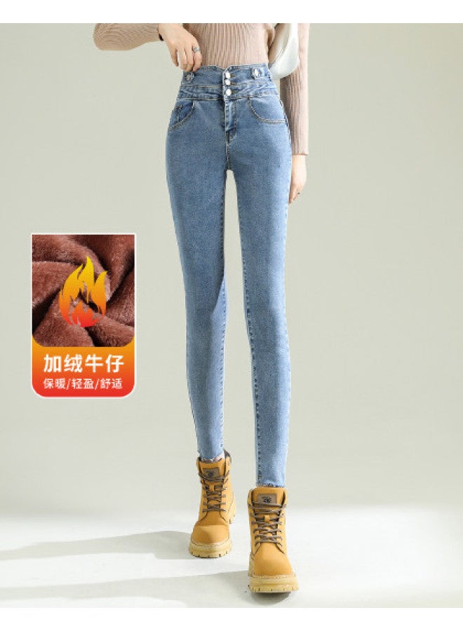 Tucano Winter Fleece Stretchy Fashion Versatile Pencil Pants Slimming Slim Fit Jeans Women - Image 1