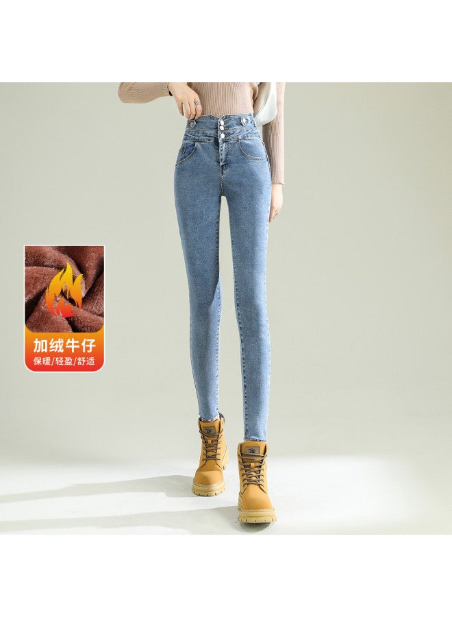 Tucano Winter Fleece Stretchy Fashion Versatile Pencil Pants Slimming Slim Fit Jeans Women - Image 2