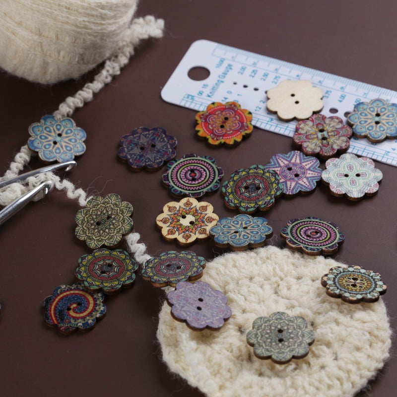 MASONEE 100PCS Assorted Wooden Buttons for Crafts Vintage 2 Holes Mixed Sizes Random Flower Painting Wood Buttons for Sewing 1inch and 3/4inch Large Assorted Decorative Wood Buttons for Crafts DIY 20mm 25mm - Image 3