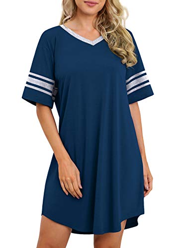 WEACZZY Womens Short Nightgown Short Sleeve Nightshirt V-Neck Soft Loungewear Casual Sleep Shirt (Navy Blue,Large) - Image 2