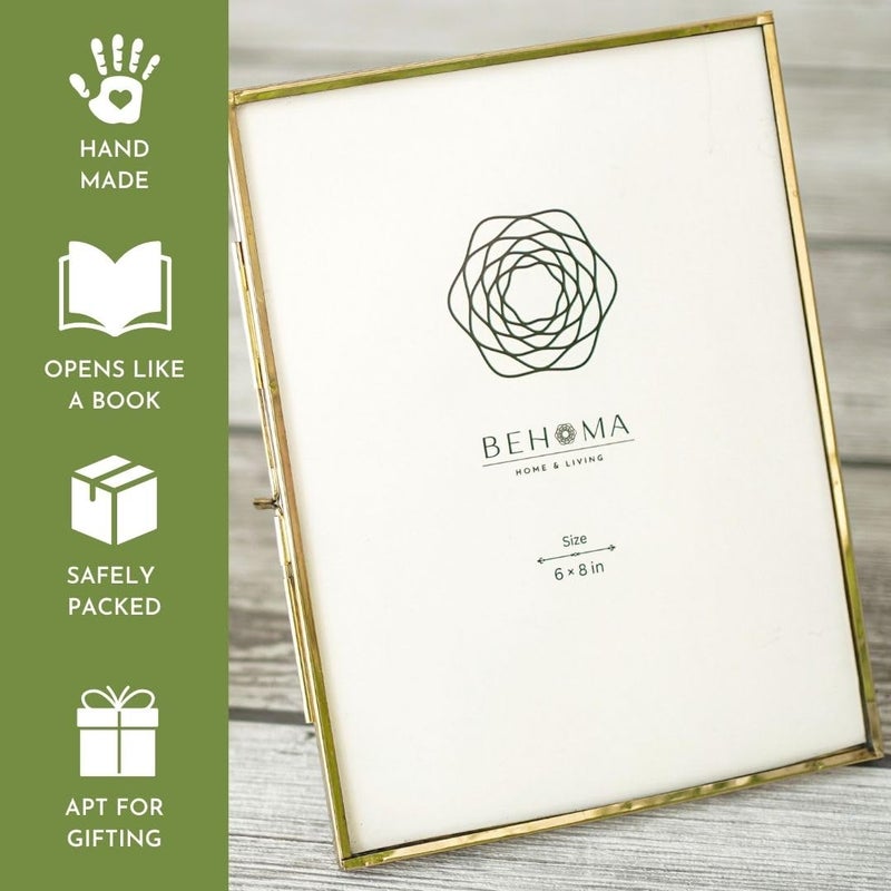 BEHOMA Vintage Style Brass Glass Metal Floating Picture Frame with Locket Closure Vertical Best Gift for home decor Birthday Anniversary Valentines day Mothers Day 6x8 Vertical Antique Gold - Image 4