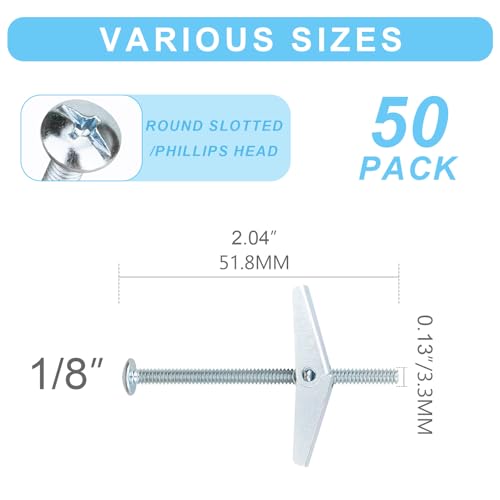 Aovchei 50 Pcs 1/8 Inch Toggle Bolts for Drywall, Heavy Duty Metal Drywall Anchors Kit, Dry Wall Anchors and Screws Kit, Butterfly Anchors for Ceiling, Sheetrock, Hollow Wall - Image 2