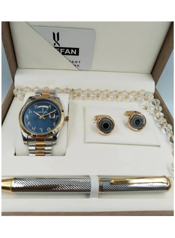 ليفان مجموعة هدايا ساعة رجالية أنيقة وعالية الجودة بأرقام عربية وسوار فضي وذهبي ومينا أزرق مع عرض التاريخ.
