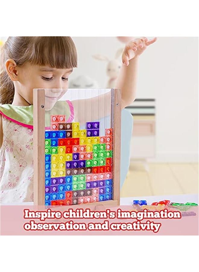 Wooden Blocks Puzzle Brain Teasers Toy, Intelligent Colorful 3D Plastic Blocks Game with Vertical Wood Frame Game Board, Tangram Educational Montessori Toys Gift for Kids Age 4-8 Years Old - Image 3