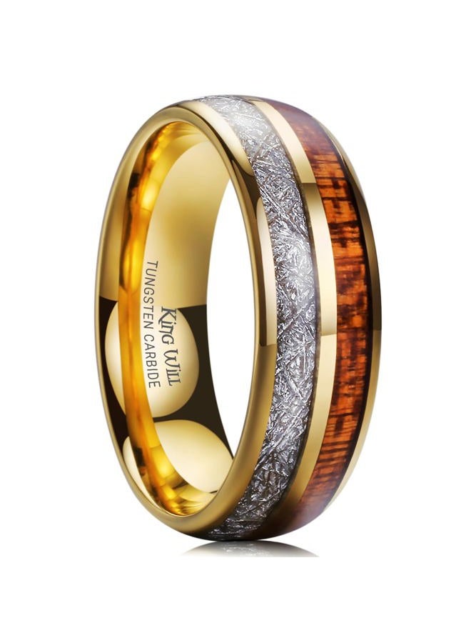 King Will 7mm/8mm Mens Tungsten Carbide Ring Imitated Meteorite Carbon Fiber Nature Wood Inlay Rings Silver/Gold Domed Engagement Band for Men Polished Comfort Fit, S, Tungsten Carbide, No Gemstone - Image 1