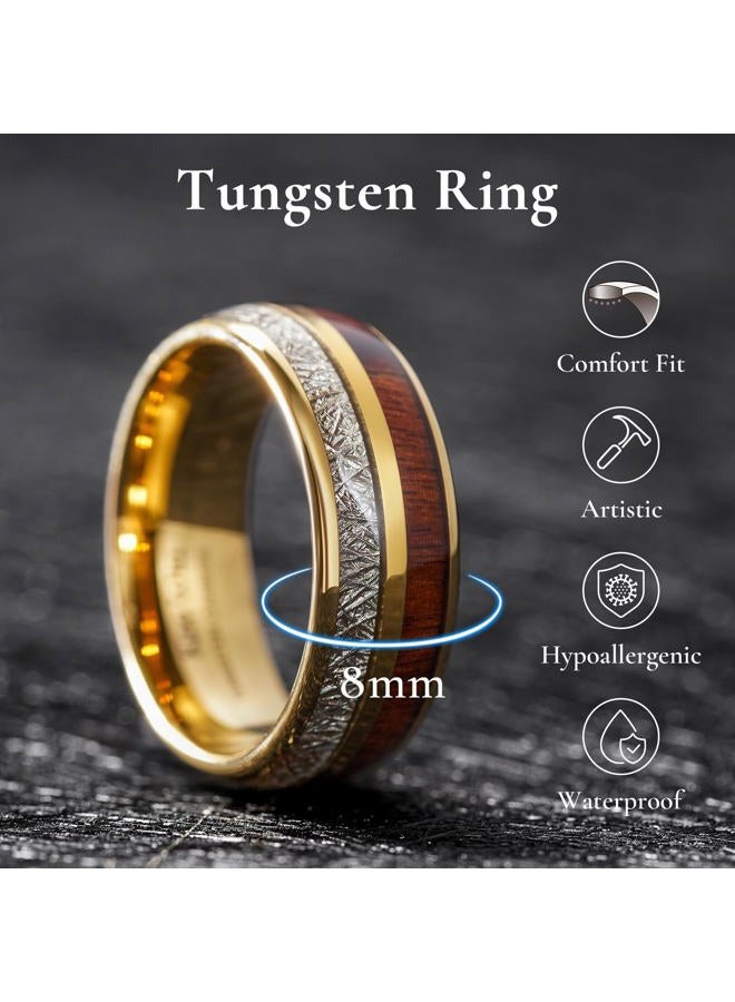 King Will 7mm/8mm Mens Tungsten Carbide Ring Imitated Meteorite Carbon Fiber Nature Wood Inlay Rings Silver/Gold Domed Engagement Band for Men Polished Comfort Fit, S, Tungsten Carbide, No Gemstone - Image 2