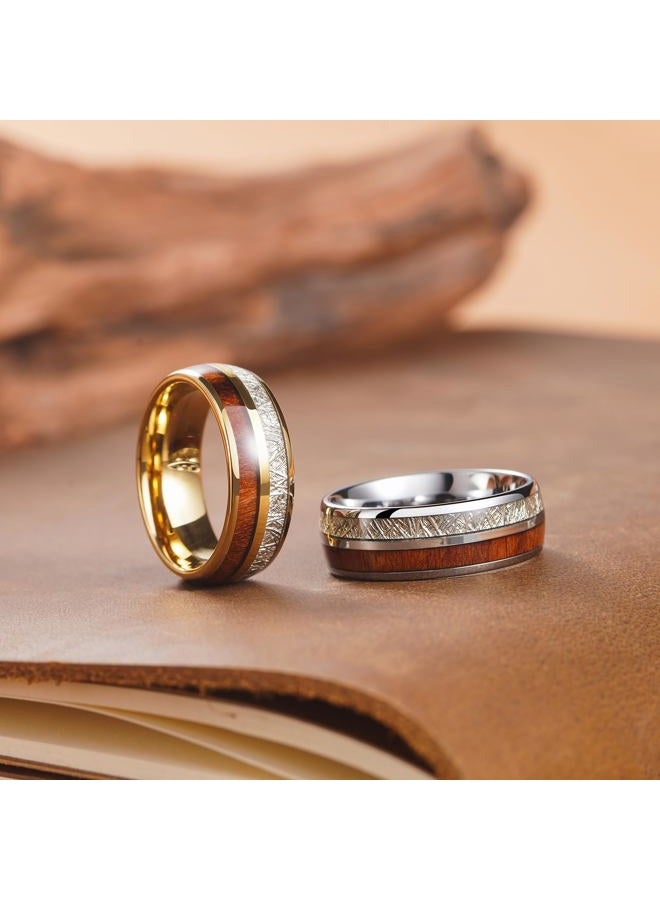 King Will 7mm/8mm Mens Tungsten Carbide Ring Imitated Meteorite Carbon Fiber Nature Wood Inlay Rings Silver/Gold Domed Engagement Band for Men Polished Comfort Fit, S, Tungsten Carbide, No Gemstone - Image 3
