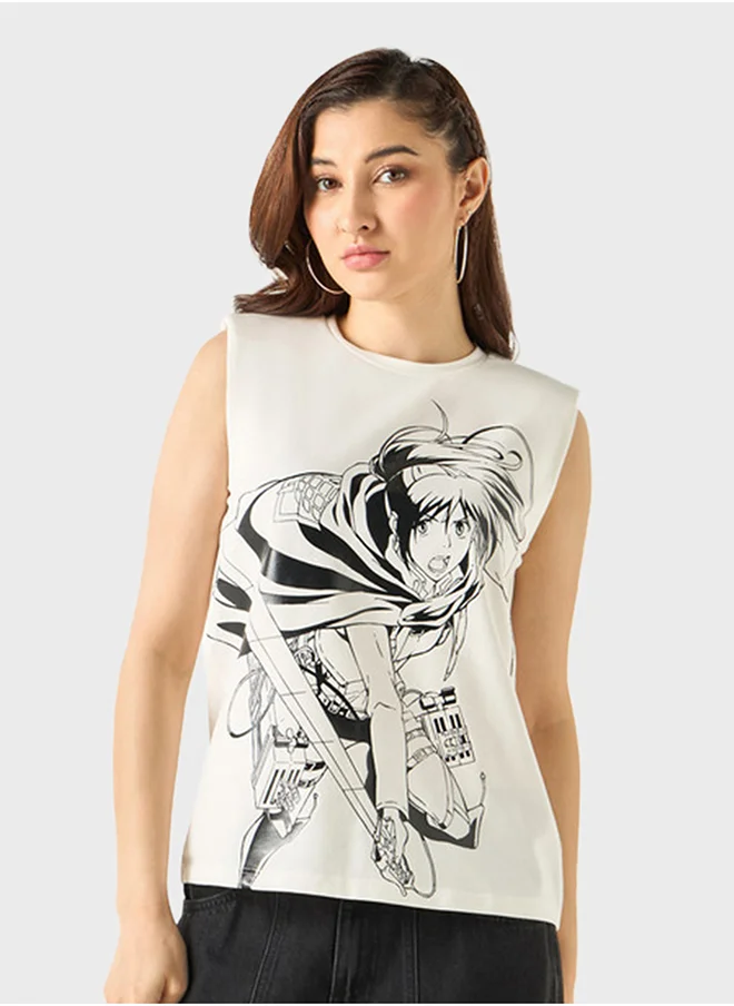 اس بي كاركترز Anime  Print Crew Neck T-Shirt