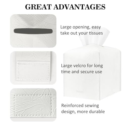 PARIERIS Tissue Box Holder Cover Square Tissue Cube Cover PU Leather Tissue Organizer with Bottom Belt for Bathroom, Tabletop, Kitchen, Night Stands, Office, Home, Car (1, White) - Image 4