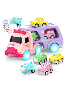 Y&D 5-in-1 Carrier Truck Toys for 1 2 3 4 5 6 Years Old Girl, Toddler Girl Toys, Friction Power Toy Cars with Light & Sound, Birthday Gifts Baby Pink Girls  - Image 1