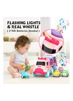 Y&D 5-in-1 Carrier Truck Toys for 1 2 3 4 5 6 Years Old Girl, Toddler Girl Toys, Friction Power Toy Cars with Light & Sound, Birthday Gifts Baby Pink Girls  - Image 2