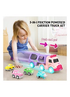 Y&D 5-in-1 Carrier Truck Toys for 1 2 3 4 5 6 Years Old Girl, Toddler Girl Toys, Friction Power Toy Cars with Light & Sound, Birthday Gifts Baby Pink Girls  - Image 3