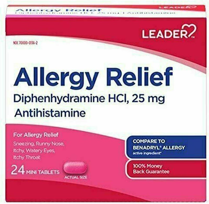 Leader Leader Antihistamine Allergy Relief Diphenhydramine HCl, 25mg Mini Tablets, 24 Count