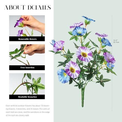Uqueeten Artificial Plants Outdoor Morning Glory Artificial Flowers Plastic Flowers for DecorationUV Resistant Look Real Fake Flowers Faux Outdoor Plants Front Door Decor Blue Purple 4PCS - Image 3