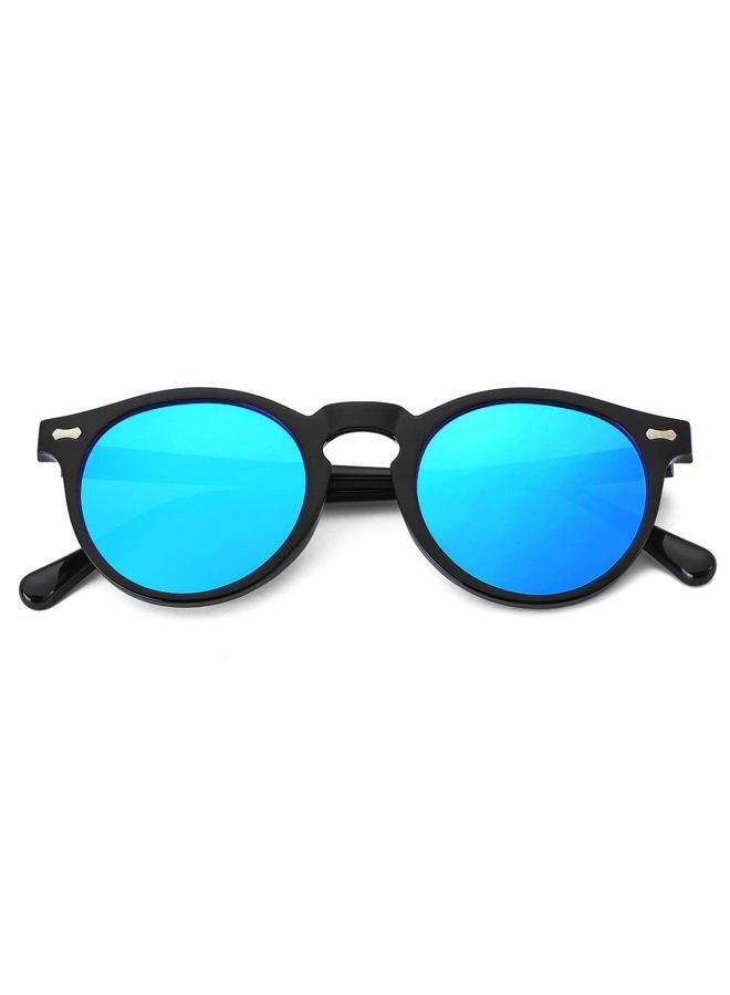 Gleyemor نظارات شمسية عتيقة للرجال مع حماية UV400 نظارات دائرية عتيقة بإطار أسيتات مصنوع يدويًا (إطار أسود/عدسة مرآة زرقاء) - Image 2