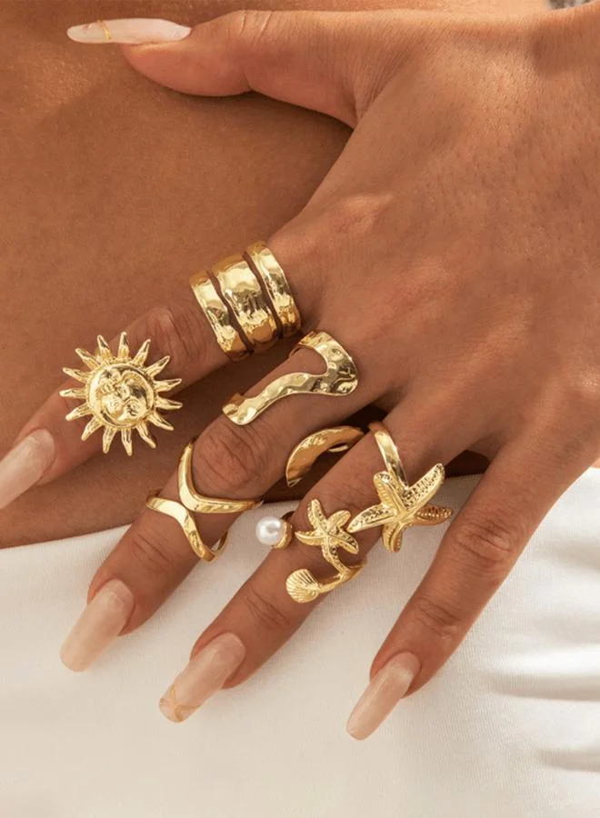 Take Two Golden Casual Ring Set With Sun And Starfish Designs