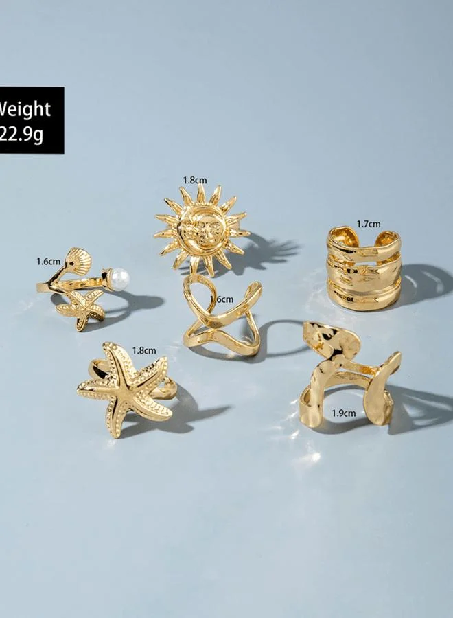 Take Two Golden Casual Ring Set With Sun And Starfish Designs