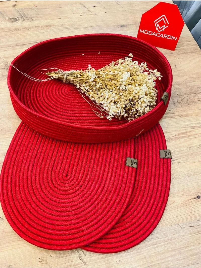 BDZ Deri BDZ Leather Jute Wicker American Service Oval Mat and Basket 3 Pieces