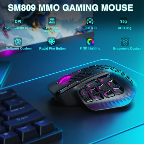 SOLAKAKA SM809 Pro MMO Gaming Mouse with 9 Side Buttons24000 DPI RGB Mouse for Gamer16 Programmable Macros MMO MouseBlack - Image 3