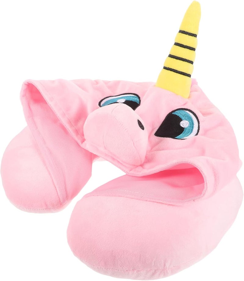 iplusmile Unicorn Hooded U Shaped Travel Neck Pillow Soft Plush Airplane Sleep Pillow with Snap for Portable Support Ergonomic Office Napping Cushion for Relief and Side Tilt Prevention Pink - Image 1