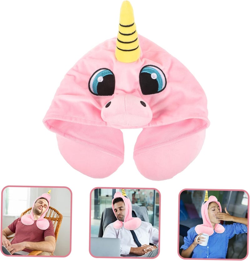 iplusmile Unicorn Hooded U Shaped Travel Neck Pillow Soft Plush Airplane Sleep Pillow with Snap for Portable Support Ergonomic Office Napping Cushion for Relief and Side Tilt Prevention Pink - Image 5