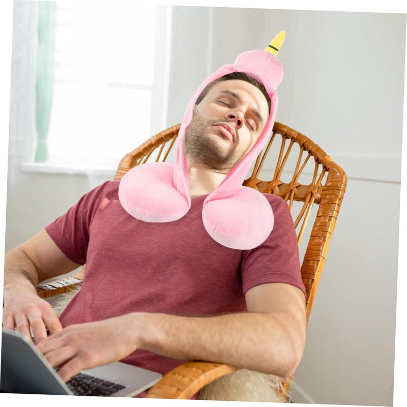 iplusmile Unicorn Hooded U Shaped Travel Neck Pillow Soft Plush Airplane Sleep Pillow with Snap for Portable Support Ergonomic Office Napping Cushion for Relief and Side Tilt Prevention Pink - Image 2
