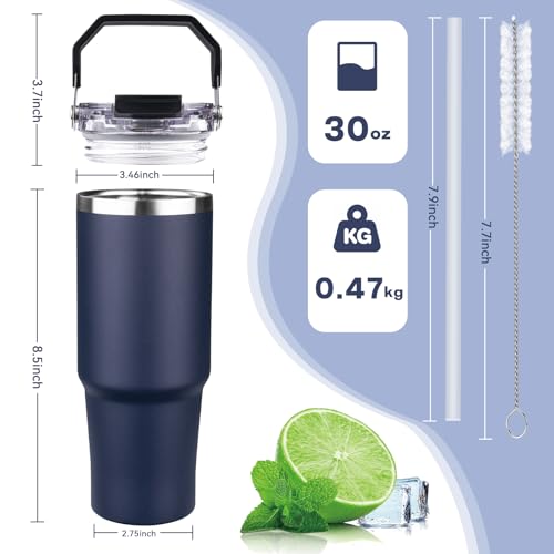 FLIFQI 30oz Tumbler with Handle and Flip Straw Lid Double Wall Insulated Travel Coffee Mug Stainless Steel Vacuum Insulated Coffee Tumbler Cup for Hot and Cold Beverages,Leak-proof&BPA-free (30oz,Navy blue) - Image 2