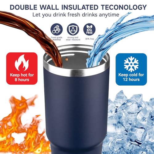 FLIFQI 30oz Tumbler with Handle and Flip Straw Lid Double Wall Insulated Travel Coffee Mug Stainless Steel Vacuum Insulated Coffee Tumbler Cup for Hot and Cold Beverages,Leak-proof&BPA-free (30oz,Navy blue) - Image 4