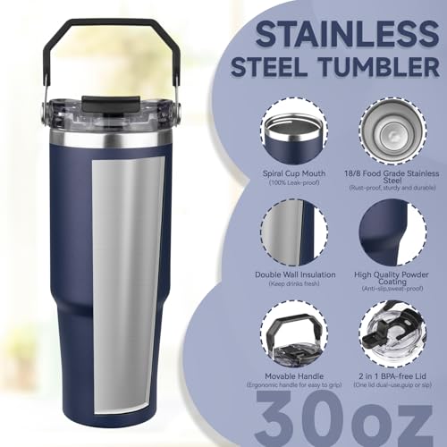FLIFQI 30oz Tumbler with Handle and Flip Straw Lid Double Wall Insulated Travel Coffee Mug Stainless Steel Vacuum Insulated Coffee Tumbler Cup for Hot and Cold Beverages,Leak-proof&BPA-free (30oz,Navy blue) - Image 3