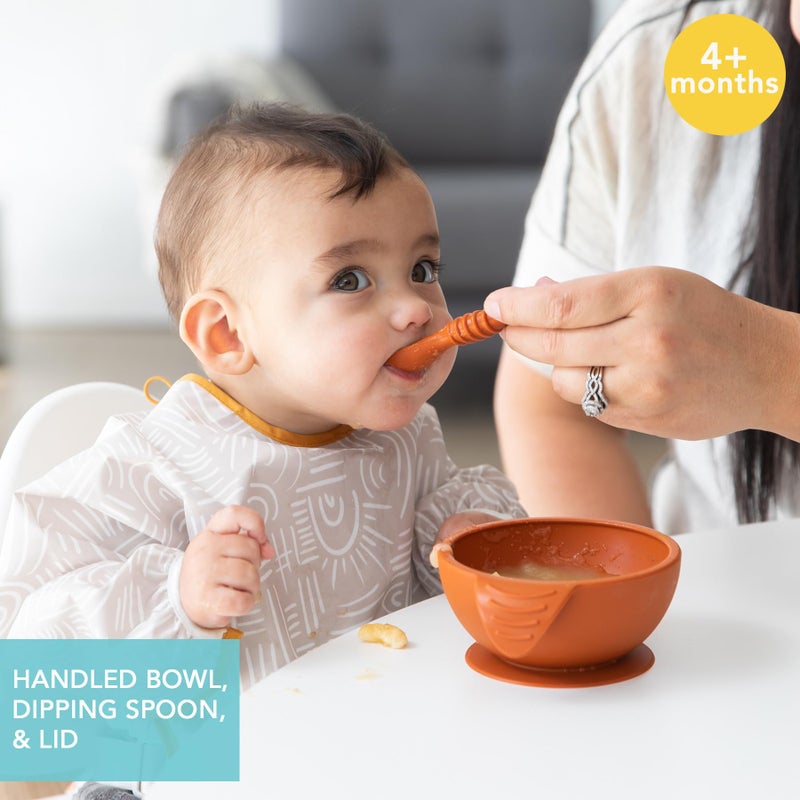Bumkins Feeding Set with Suction, Includes Spoon and Lid, Training Essentials for Baby-Led Weaning, Toddler Self-Feeding, Babies Eating at 4 Mos Up, Clay - Image 2