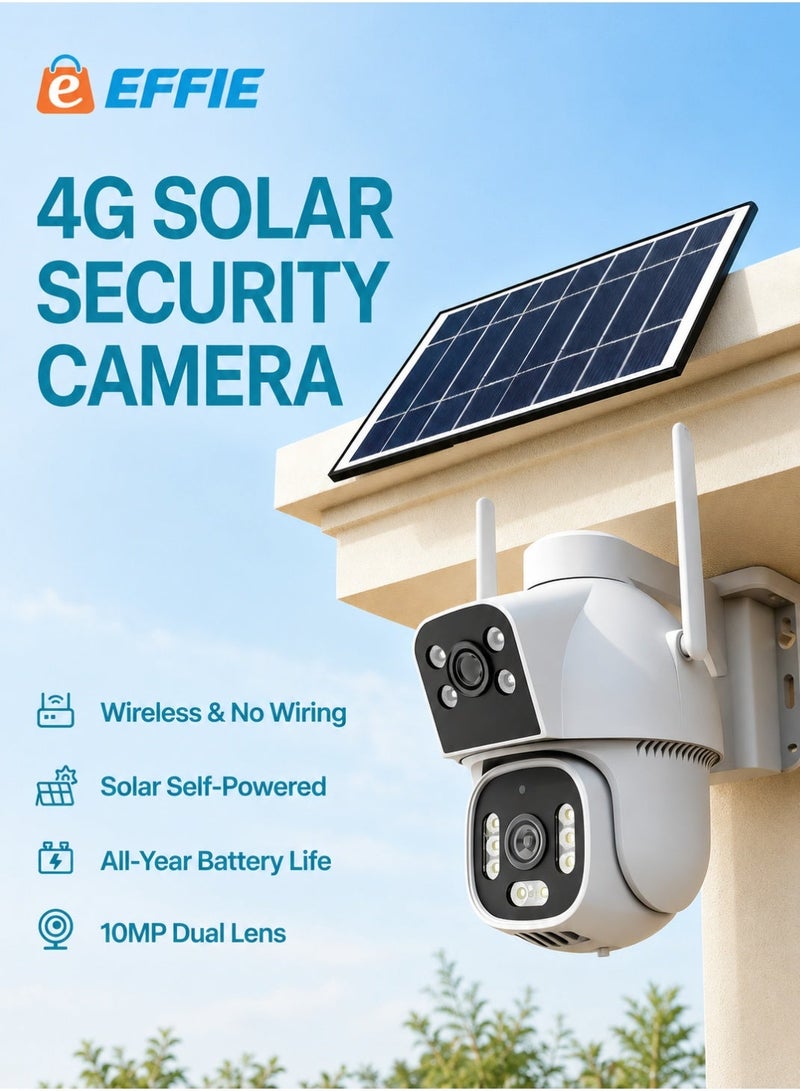 EFFIE A0V 4G Dual Lens Solar Security Camera 10MP AI Human Tracking 12X Hybrid Zoom IP66 Waterproof Color Night Vision Built-in SIM and Own SIM Support TF Card Cloud Storage HiEasy App - Image 1