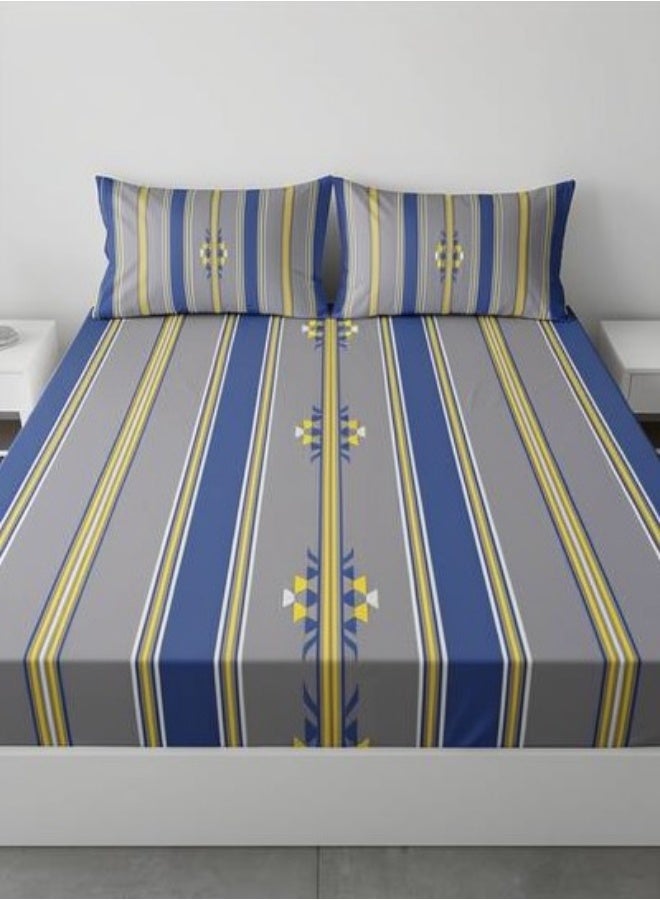 ريشا هوم 3-Piece Queen Size Fitted Bedsheet Set 180x200x20 cm – 180 TC Premium Cotton, Printed Design with 2 Pillowcases - Image 1