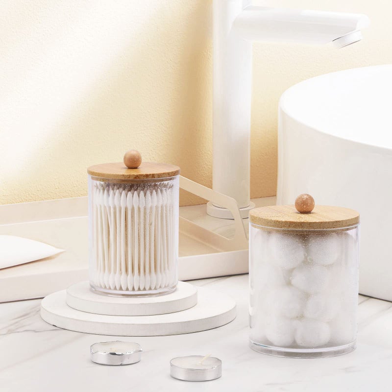 Tbestmax 4 Pack Qtip Holder Dispenser Cotton Ball, Cotton Swab, Floss - 12oz, 10 oz Clear Plastic Apothecary Jars for Bathroom Organizer and Storage Containers (Bamboo Lids) - Image 3