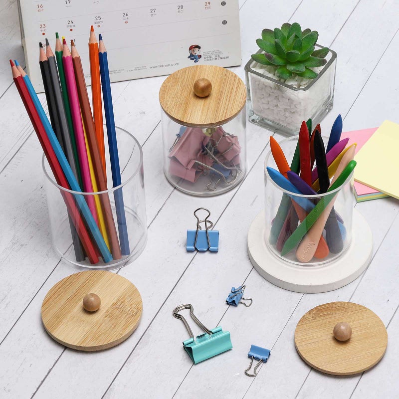 Tbestmax 4 Pack Qtip Holder Dispenser Cotton Ball, Cotton Swab, Floss - 12oz, 10 oz Clear Plastic Apothecary Jars for Bathroom Organizer and Storage Containers (Bamboo Lids) - Image 5