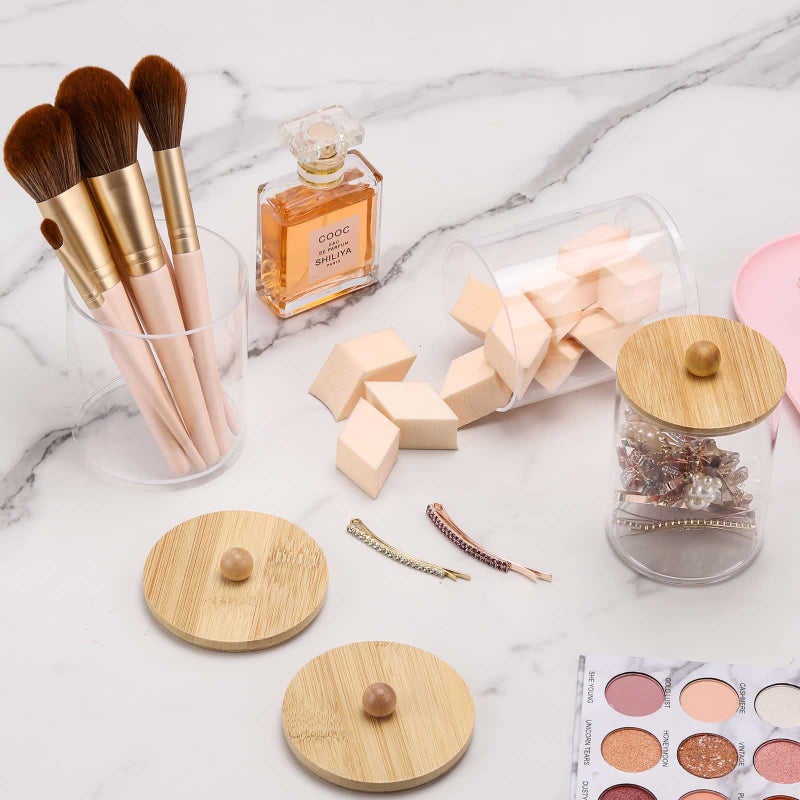 Tbestmax 4 Pack Qtip Holder Dispenser Cotton Ball, Cotton Swab, Floss - 12oz, 10 oz Clear Plastic Apothecary Jars for Bathroom Organizer and Storage Containers (Bamboo Lids) - Image 4