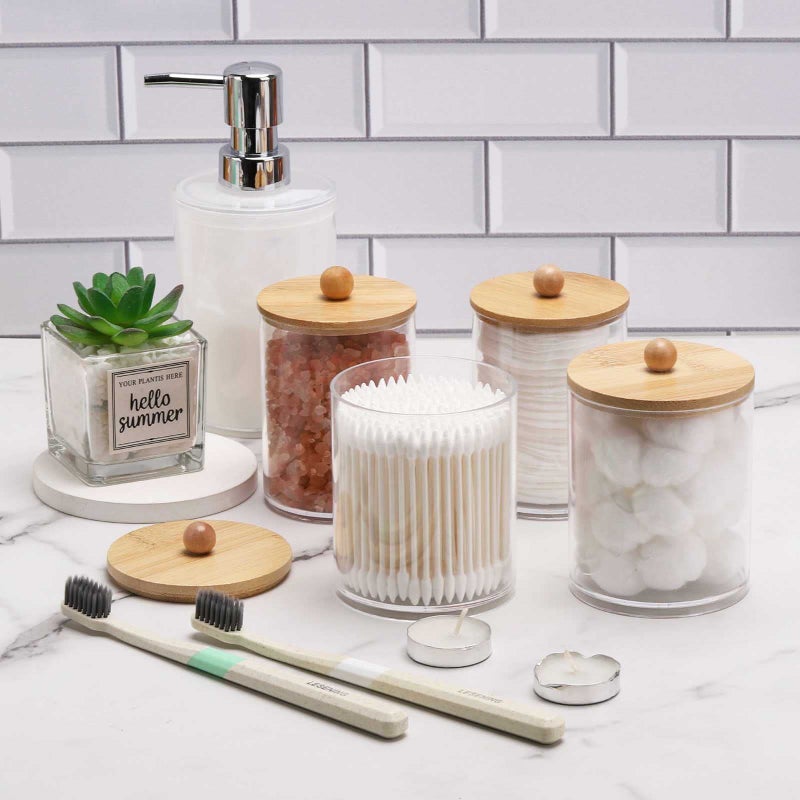 Tbestmax 4 Pack Qtip Holder Dispenser Cotton Ball, Cotton Swab, Floss - 12oz, 10 oz Clear Plastic Apothecary Jars for Bathroom Organizer and Storage Containers (Bamboo Lids) - Image 2