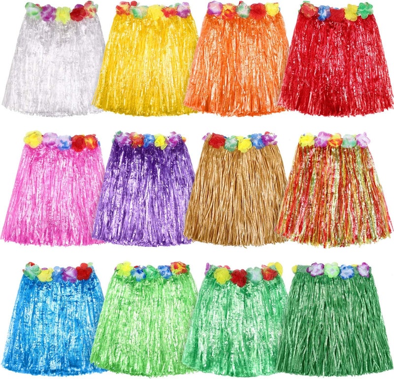 Shappy 12 Pieces Hawaiian Luau Hibiscus Green Silk Faux Flowers Hula Grass Skirt for Costume Party Birthdays CelebrationMuti - Image 1