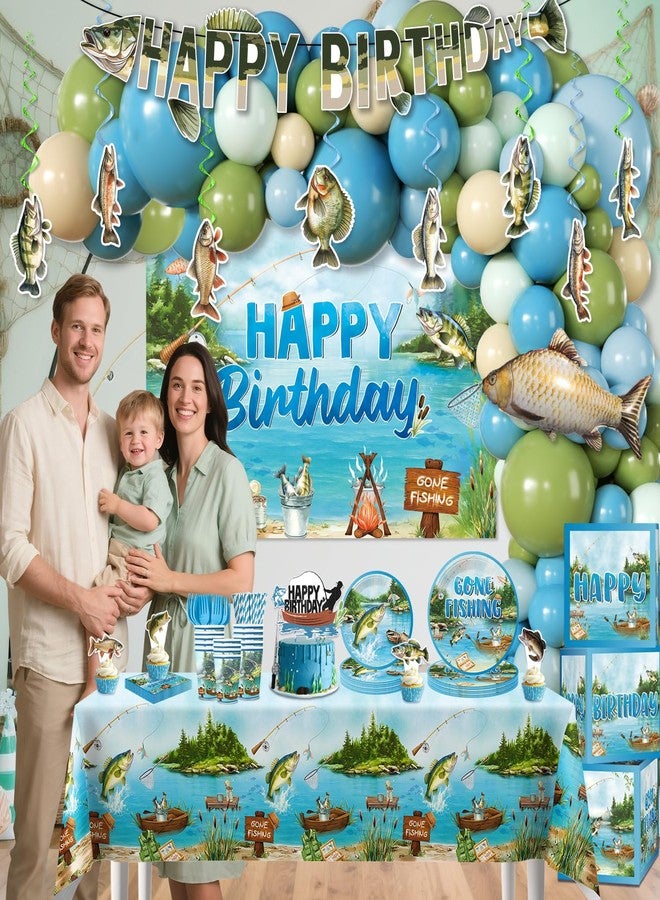 cocomigo Fishing Birthday Party Decorations, All-in-1 Supplies Pack, Includes 20 Fishing Theme Tableware, Backdrop Tablecloth Balloon Kit for Fish Birthday Party Decorations - Image 3