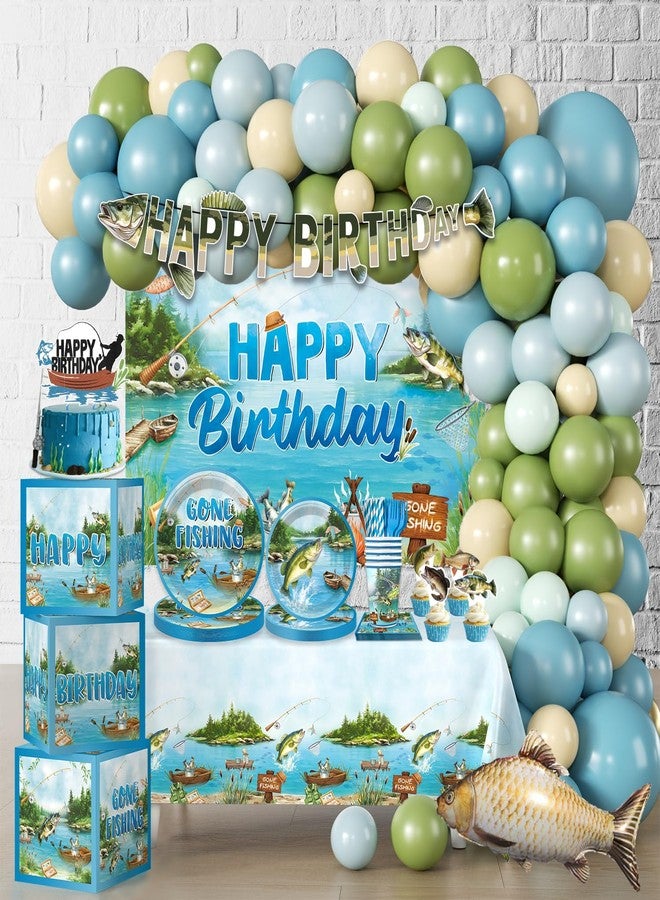 cocomigo Fishing Birthday Party Decorations, All-in-1 Supplies Pack, Includes 20 Fishing Theme Tableware, Backdrop Tablecloth Balloon Kit for Fish Birthday Party Decorations - Image 1
