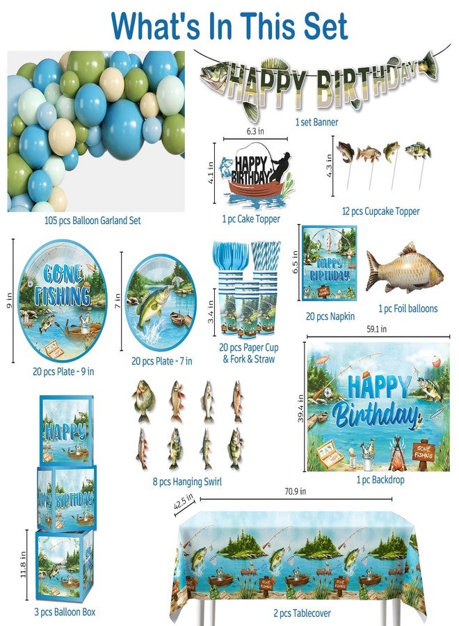 cocomigo Fishing Birthday Party Decorations, All-in-1 Supplies Pack, Includes 20 Fishing Theme Tableware, Backdrop Tablecloth Balloon Kit for Fish Birthday Party Decorations - Image 4