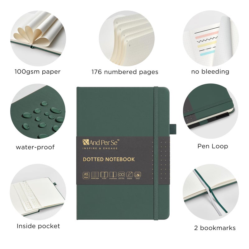 &And Per Se ⩓ Per Se Dotted Journal Notebook Set (3 Packs), A5 Hardcover Dotted Notebook, 176 Numbered Pages Bullet Journaling Kit, 2 Stencil Sheets and 1 Fineliner Pen Included (Green) - Image 3