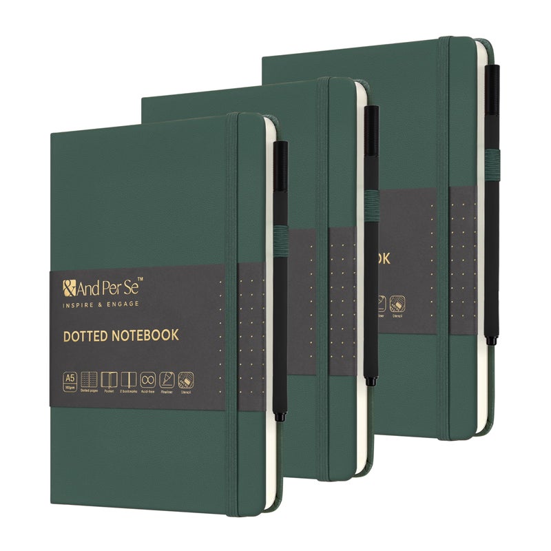 &And Per Se ⩓ Per Se Dotted Journal Notebook Set (3 Packs), A5 Hardcover Dotted Notebook, 176 Numbered Pages Bullet Journaling Kit, 2 Stencil Sheets and 1 Fineliner Pen Included (Green) - Image 1